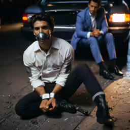 two men in business wear sit on the sidewalk near cars