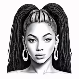 the model features long, braided hair, and big hoop earrings