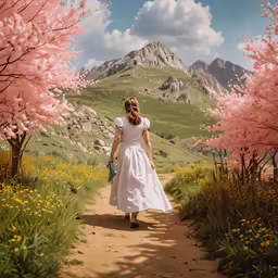 a woman walking down a dirt road next to lush green mountains