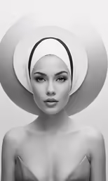 the image is black and white and features a woman with a large hat