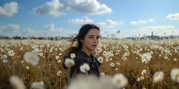 a woman is standing in a field full of dandelions