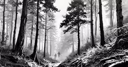 two people are walking in the woods through fog