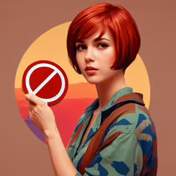a digital painting of a person holding a sign,a woman with short red hair holding up a circular sign