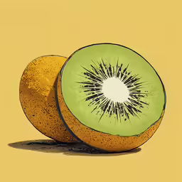 a kiwi fruit cut in half, displayed against a yellow background