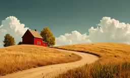 a rural red house with a dirt path in the foreground