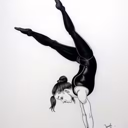 the drawing depicts a woman on a tightrope,a woman doing a hand stand while jumping