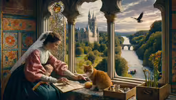 a woman wearing a tiara is writing to a cat in front of a window