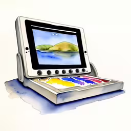 a computer with a colorful screen sitting on top of it,a watercolor drawing of an old, small digital device