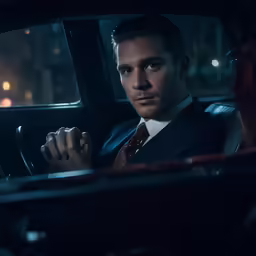 a man in a car holding his hand up to his face