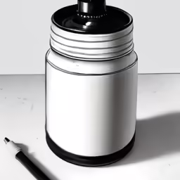 a white container with a black top is sitting on the table