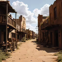an alley of old wooden houses and buildings with an overcast sky