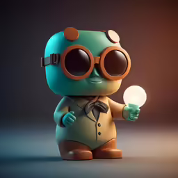 a cartoon figure holding a lit up bulb