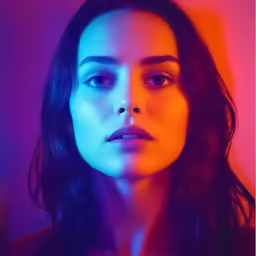 a woman with long dark hair is standing in front of a neon background