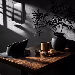 the wooden table has a bowl of cookies and cups on it