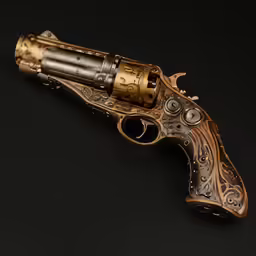 an ornate gun is featured against a black background