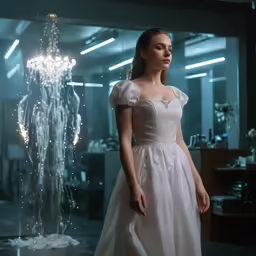 the bride poses in front of an illuminated fountain