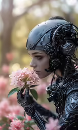 a futuristic lady holding flowers near her face