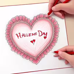 two people holding pencils on top of a paper,a person with a pencil in hand writing on a heart,two hands holding a card with a heart on it,two hands holding marker and paper with drawing of a heart,two hands drawing on paper in the shape of a heart