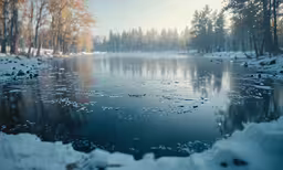 a lake surrounded by snowy forest and trees