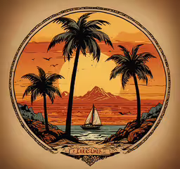 an image of the sun set behind some palm trees,an artistic scene depicting a sailboat in front of palm trees and a mountain