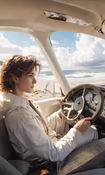 a woman in the drivers seat of a car driving past a beach