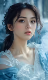 a woman in a blue gown standing on a snowy hill