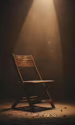 a folding wooden chair with two legs is shown in the dark, illuminated by a spotlight