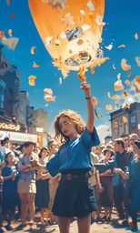a young woman holds up a yellow ballon with butterflies scattered in the sky