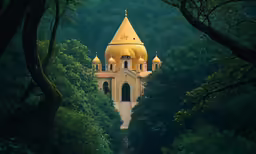 an image of a building with gold roofing in the forest