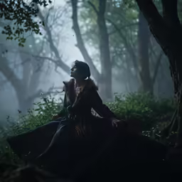 a woman dressed in a renaissance dress in the woods