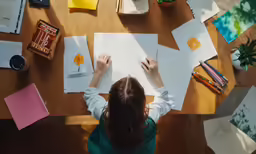 a person sitting at a table writing on paper