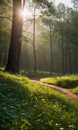an empty trail is surrounded by bright trees