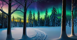 the colorful lights of the aurora bore over trees in the snow
