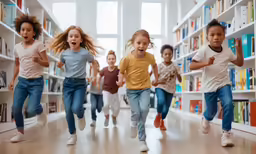 kids running around in the library to get their books