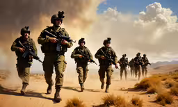 some soldiers walking down the road in the desert,a painting of soldiers running in the sand