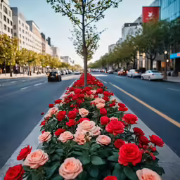 a long row of flowers line the side of a city street