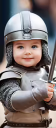 a baby wearing a knight outfit and holding a sword