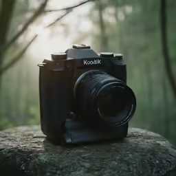an old camera that is placed on a rock