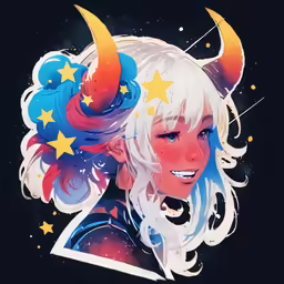 an anime character is smiling with stars and horns