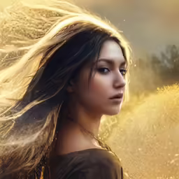 a beautiful woman in brown shirt with long hair