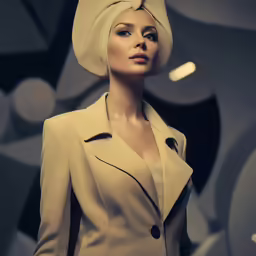a woman wearing a turban hat while walking down the runway
