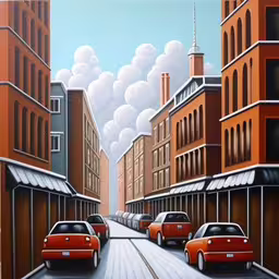 a painting of three cars driving down a street with tall buildings,a painting of some cars on a snowy street,paintings of some cars on the street and buildings,a painting shows three cars parked on a road as two buildings with smokestacks are seen in the background,a painting of some red cars in a big city