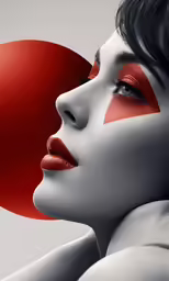 the face of a woman with white paint and red cheeks