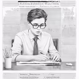 the man is sitting at the desk doing something on his paper