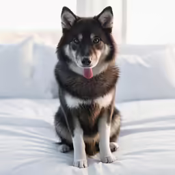 the dog is sitting on the bed in the bedroom