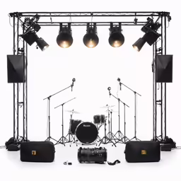 an assortment of equipment including drums, drumstickes and amps