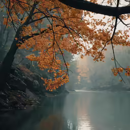 the river is filled with trees with bright leaves on it