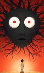 a young man is standing in front of an illustration with a creepy tree face