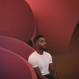 a man is sitting in front of red chairs