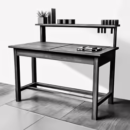 the wooden table is placed in front of the wall